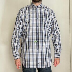 David Donahue 100% Cotton Dress Shirt Size XL Blue Check Spread Collar
